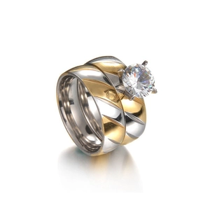 Two-tone 6mm stainless steel rings set with diagonal patterns and four-prong zircon stone