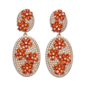 Vintage oval floral stud earrings with orange stone and white zircon stones on gold plating