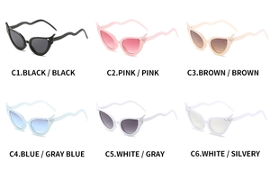 Detailed grid view showcasing cat eye sunglasses with wavy temples in six vibrant colors
