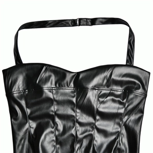 Close-up of black faux leather halter top showing stitching details and glossy texture