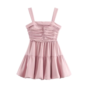 Pink Strappy Ruched Bust Balloon Mini Dress Elegant Polyester Layered Socialite Style Sleeveless Cocktail Party