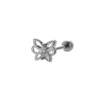 Close-up of butterfly stud earring with marquise zircon and screw ball back
