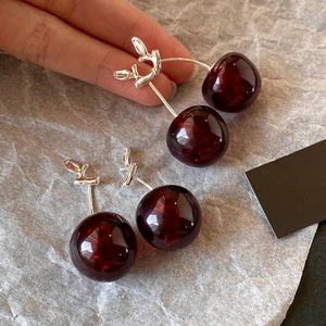 Realistic deep red resin cherry pendant earrings with silver metal leaves for women