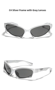 Detailed view of silver Y2K futuristic sunglasses with sleek grey lenses and metallic frame