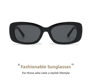 Detail view of bold black square frame sunglasses with dark grey polarized lenses