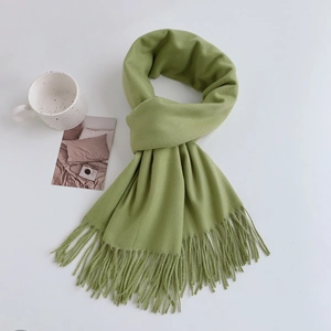 Close-up of soft green faux cashmere scarf with elegant fringe detail and accessories