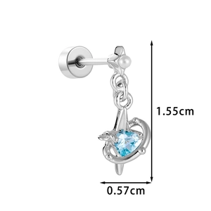 Titanium steel stud earring with blue heart stone and pearl, size 1.55cm by 0.57cm