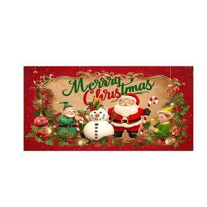 Merry Christmas banner backdrop with cartoon Santa Claus, elves, and festive decor