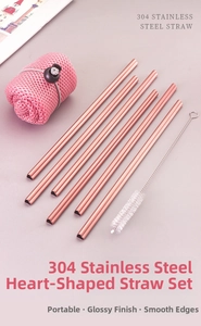 Pink heart-shaped 304 stainless steel straws set with cleaning brush and mesh carry bag