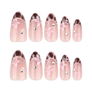 Brown leopard and pink flower pattern almond press-on nails with tiny rhinestones