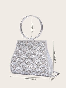 Silver rhinestone clutch with metal ring handle and chain strap including size dimensions
