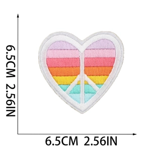 Detailed view of rainbow embroidered heart peace sign patch with 6.5cm dimensions