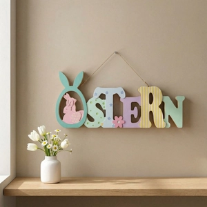 Pastel Easter OSTERN wooden wall hanging with bunny ears and floral patterns