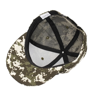 Internal view of a 100% cotton digital camouflage baseball cap showing inner lining