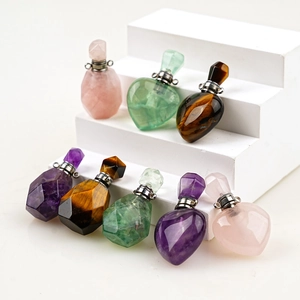 Natural crystal gemstone perfume bottle pendants in heart and geometric shapes