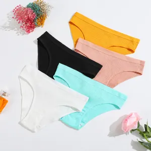 Women's Cotton Ribbed Panties Low Waist Breathable Solid Color Briefs Comfortable Knitted Underwear For Ladies