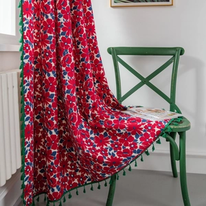 Floral cotton linen curtain with red flowers and green fringe tassels for windows