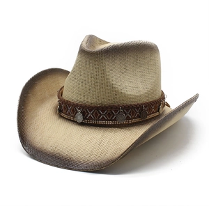 Western Cowboy Straw Hat Women Vintage Bohemian Sun Protection Wide Brim Gradient Paper Breathable Ethnic Coin Charms