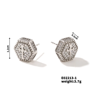 Close-up showing 1.2cm size and 3.7g weight of silver hexagonal cross stud earrings
