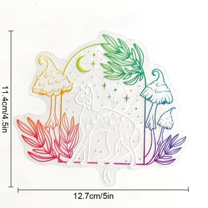 Rainbow prism window decal with cat and mushroom patterns, size 11.4cm by 12.7cm