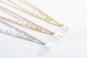 Three-color options of layered titanium steel necklace with baroque pearl and paperclip chain