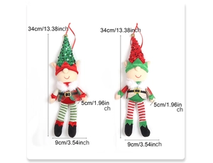 Detailed size specifications of Christmas elf ornaments with red and green sequins