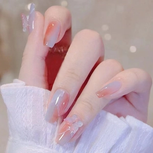 Gradient Smudge Press On Nails With 3D Butterfly Decor Long Coffin Shape Elegant Wearable False Nails For Women