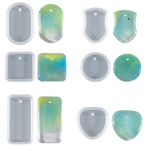 Silicone molds for resin showing geometric shapes like oval square and circle with glitter
