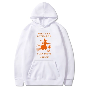 White Halloween hoodie featuring orange witch and bat prints with humorous quote