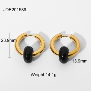 Detail view of 18K gold earrings with black circular stone inlay and size dimensions