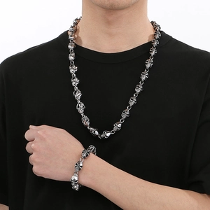 Parure Collier Et Bracelet En Acier Inoxydable Style Punk Crâne Bijoux Hip Hop Homme Chaîne À Maillons De Crâne Avec Boucle OT