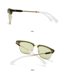 Side and back view detail of retro semi-rimless sunglasses with olive green frame