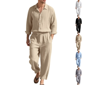 Ensemble en lin pour hommes avec chemise à manches longues et pantalon à cordon kaki