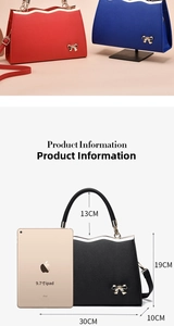 Size guide for bow handbag showing 30cm width and comparison with 9.7-inch iPad