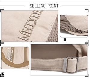 Detail view of khaki mesh beret with embroidery and adjustable metal buckle