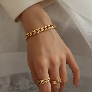 18K gold plated flat Cuban chain bracelet and twisted rope ring set for women