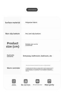 Detailed spec sheet showing polyester surface and non-slip PVC backing for doormats