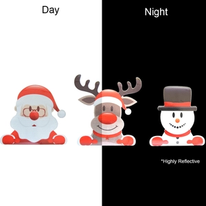 Highly reflective Christmas magnets showing Day and Night visibility comparison on surfaces