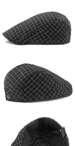 Detailed views of cotton newsboy cap showing black and white plaid pattern and metal buckle