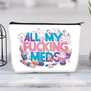 Detailansicht der All My Fucking Meds Canvas-Tasche mit bunten Pillen-Illustrationen
