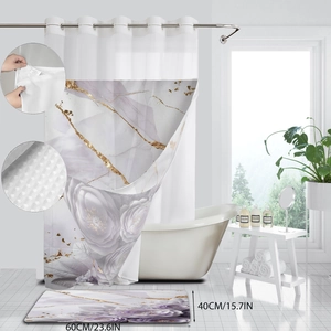 Ensemble rideau de douche motif marbre avec fleurs violettes et tapis de bain assorti