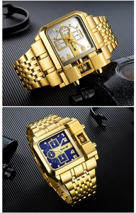 Detail of Oulm gold square men's watches with silver and blue dials in industrial style