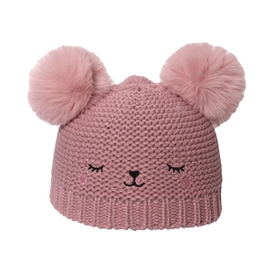 Cappello invernale in maglia rosa per bambine con doppio pompon e ricamo viso di animale