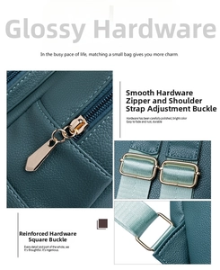 Detailed close-up of glossy gold-tone metal hardware and dark green litchi texture leather
