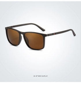 Detail view of polarised sunglasses featuring signature red and green striped temples