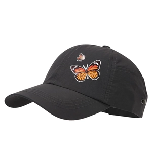 Black quick-dry baseball cap for women with vibrant orange and pink butterfly embroidery
