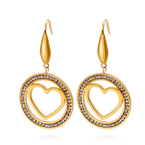 Hollow Heart Round Dangle Earrings Stainless Steel Zircon Inlaid Elegant Fashion Jewelry For Women