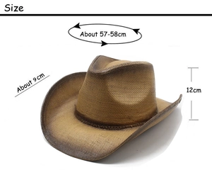 Detail view of the hand-painted western straw cowboy hat with dimensions and size info