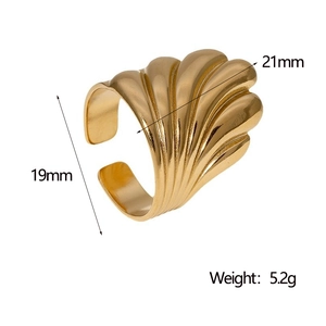 Detailed view of gold plated wide band ring with dimensions 21mm width and 19mm inner diameter