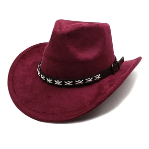 Detail of burgundy suede cowboy hat featuring brown leather band and white braided stitching